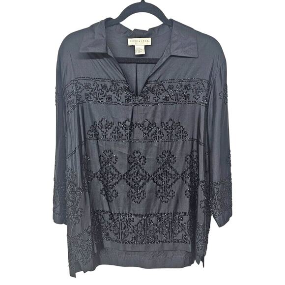 Doncaster Silk Beaded Blouse Womens 8 Black Collared 3/4 Sleeves Career Corpcore - Picture 1 of 9